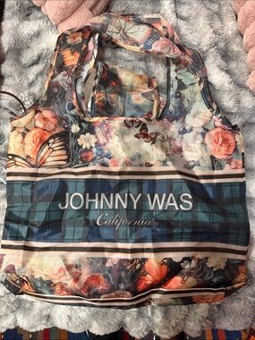 Johnny Was Blue Plaid Floral Butterfly Tote with Coral Accents